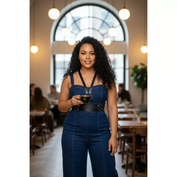 Büyük Beden Siyah Kadın Korse Kemer Omuz Askılı Deri Kombin Tamamlayıcı - APFT20