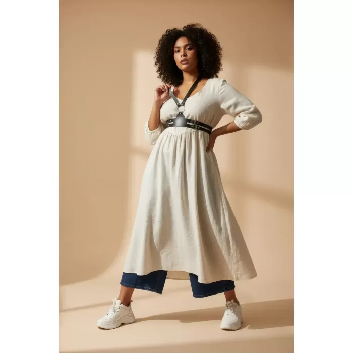 Büyük Beden Siyah Kadın Korse Kemer Omuz Askılı Deri Kombin Tamamlayıcı - APFT20