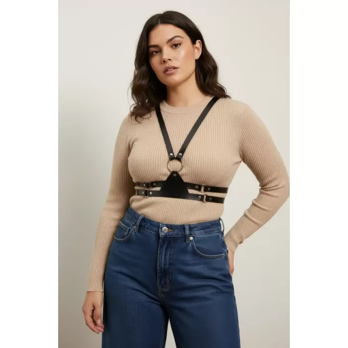 Büyük Beden Siyah Kadın Korse Kemer Omuz Askılı Deri Kombin Tamamlayıcı - APFT20