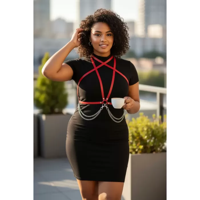 Büyük Beden Kırmızı Kadın Kemer Zincir Detaylı Deri Vücut Aksesuarı - APFT52