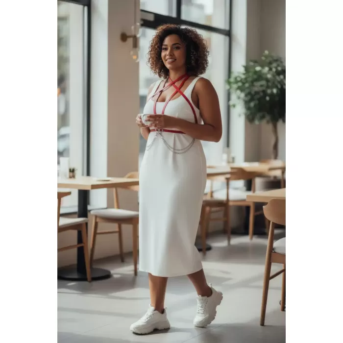 Büyük Beden Kırmızı Kadın Kemer Zincir Detaylı Deri Vücut Aksesuarı - APFT52