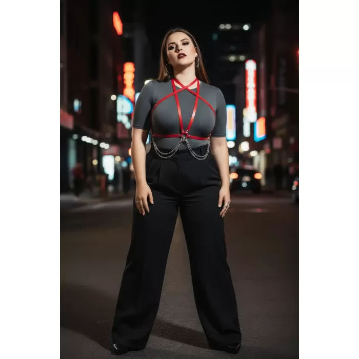 Büyük Beden Kırmızı Kadın Kemer Zincir Detaylı Deri Vücut Aksesuarı - APFT52