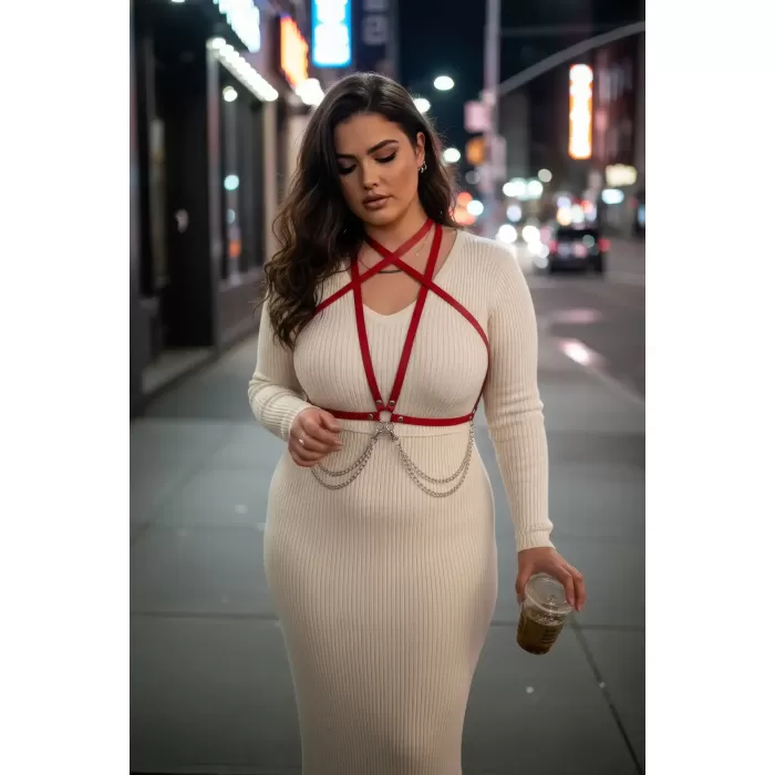 Büyük Beden Kırmızı Kadın Kemer Zincir Detaylı Deri Vücut Aksesuarı - APFT52