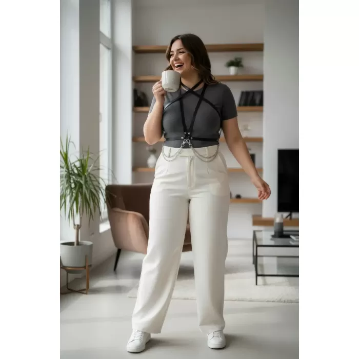 Büyük Beden Siyah Kadın Kemer Zincir Detaylı Deri Vücut Aksesuarı - APFT52