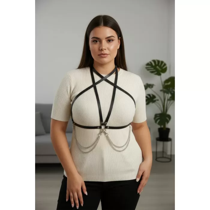 Büyük Beden Siyah Kadın Kemer Zincir Detaylı Deri Vücut Aksesuarı - APFT52