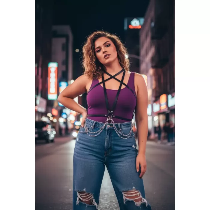 Büyük Beden Siyah Kadın Kemer Zincir Detaylı Deri Vücut Aksesuarı - APFT52