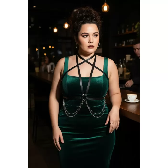 Büyük Beden Siyah Kadın Kemer Zincir Detaylı Deri Vücut Aksesuarı - APFT52