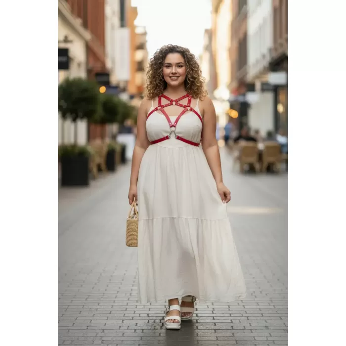 Büyük Beden Kırmızı Kadın Kemer Deri Harness Elbise Üstü Kombin Tamamlayıcı - APFT108