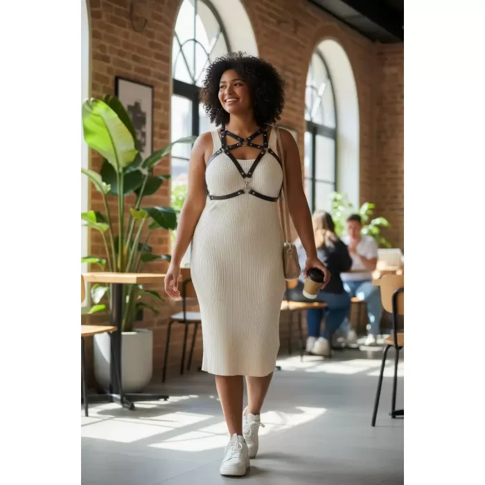 Büyük Beden Siyah Kadın Kemer Harness Stili Elbise Üstü Vücut Aksesuarı - APFT108