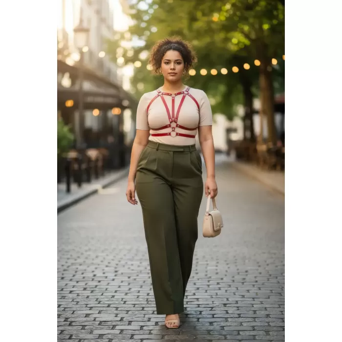 Büyük Beden Bordo Kadın Kemer Deri Vücut Harness Aksesuarı - APFT114