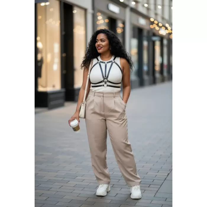 Büyük Beden Siyah Kadın Deri Kemer Vücut Harness Kombin Aksesuarı - APFT114