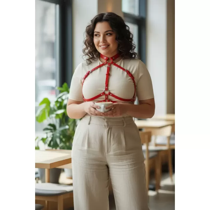 Büyük Beden Kırmızı Kadın Kemer Deri Harness Vücut Aksesuarı - APFT119
