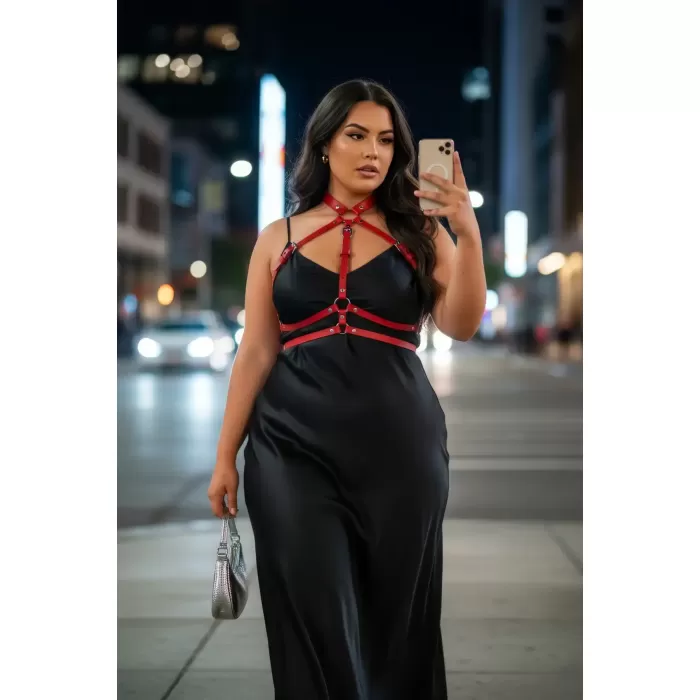Büyük Beden Kırmızı Kadın Kemer Deri Harness Vücut Aksesuarı - APFT119