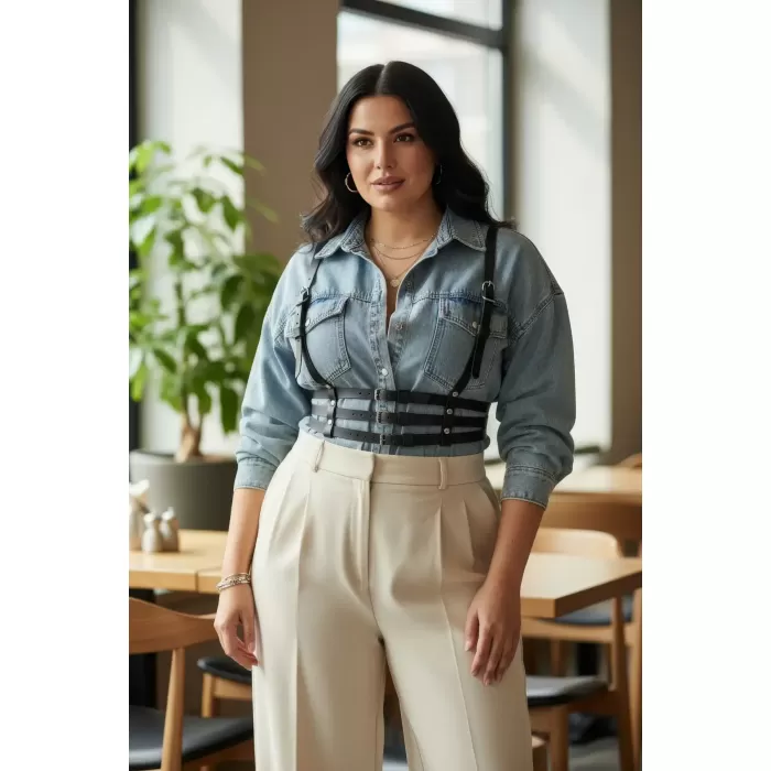 Büyük Beden Siyah Kadın Kemer Üç Bantlı Korse Tarzı Deri Harness - APFT178