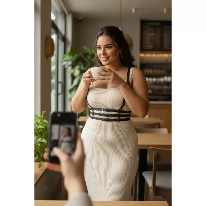 Büyük Beden Siyah Kadın Kemer Üç Bantlı Korse Tarzı Deri Harness - APFT178