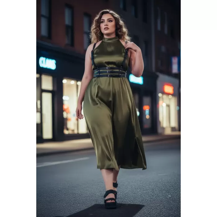 Büyük Beden Siyah Kadın Kemer Üç Bantlı Korse Tarzı Deri Harness - APFT178