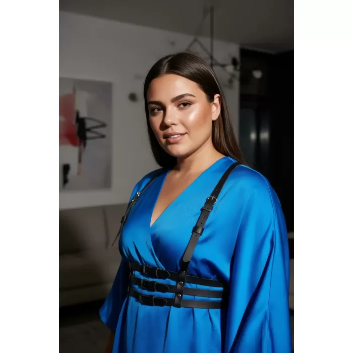 Büyük Beden Siyah Kadın Kemer Üç Bantlı Korse Tarzı Deri Harness - APFT178