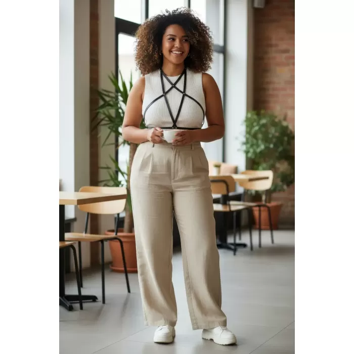 Büyük Beden Siyah Kadın Kemer Yıldız Detaylı Deri Harness Vücut Aksesuarı - APFT180