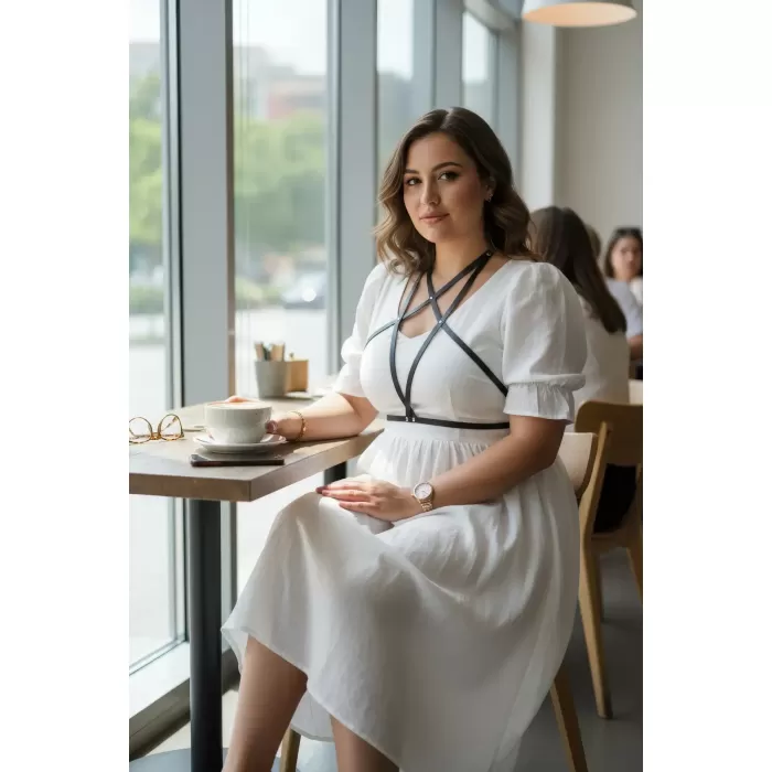 Büyük Beden Siyah Kadın Kemer Yıldız Detaylı Deri Harness Vücut Aksesuarı - APFT180