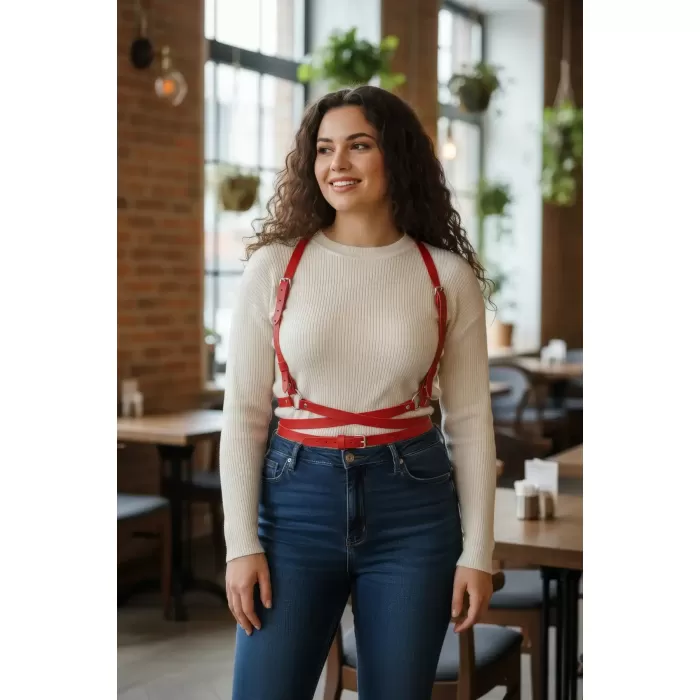 Büyük Beden Kırmızı Kadın Kemer Deri Harness Vücut Aksesuarı - APFT198