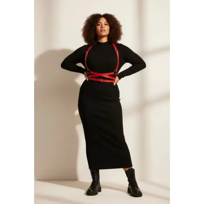 Büyük Beden Kırmızı Kadın Kemer Deri Harness Vücut Aksesuarı - APFT198