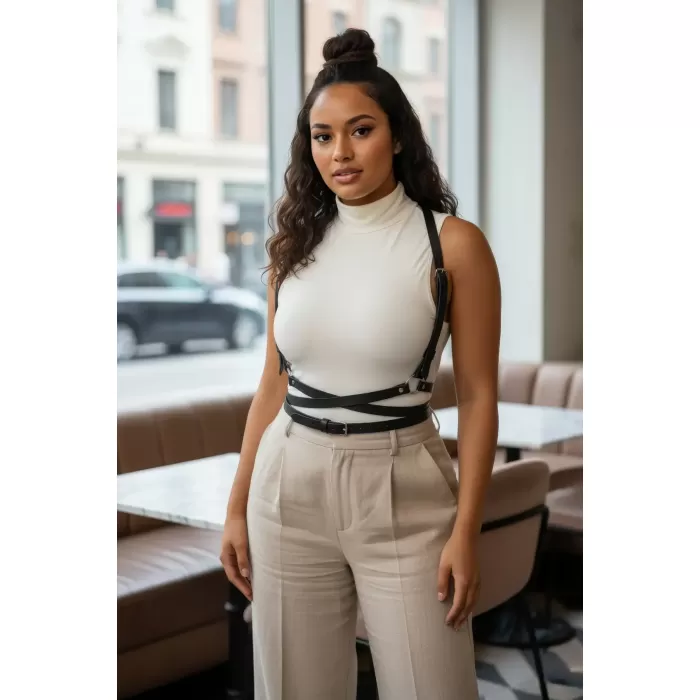 Büyük Beden Siyah Kadın Kemer Çapraz Askılı Deri Vücut Aksesuarı - APFT198