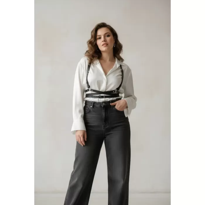 Büyük Beden Siyah Kadın Kemer Çapraz Askılı Deri Vücut Aksesuarı - APFT198