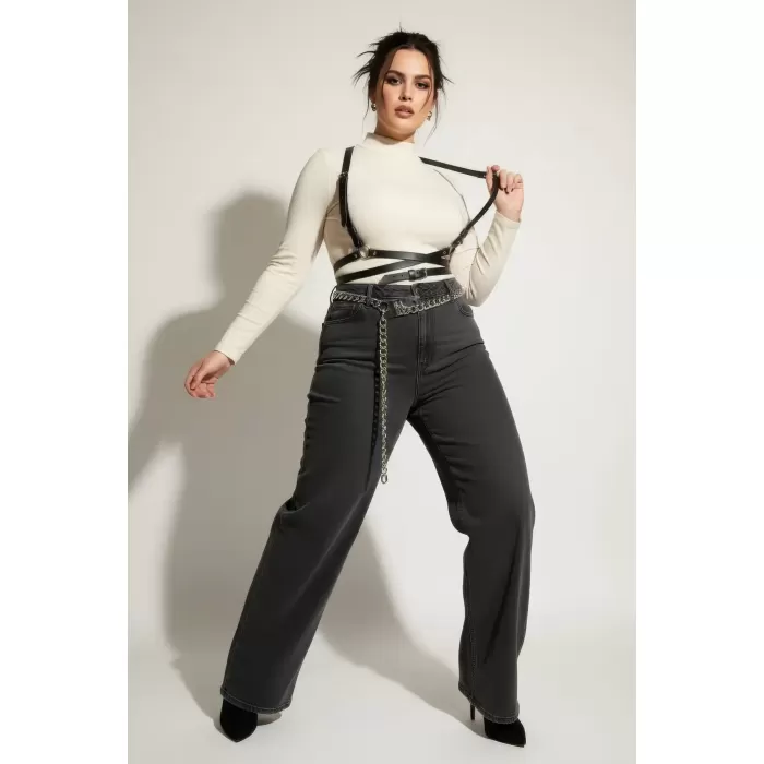 Büyük Beden Siyah Kadın Kemer Çapraz Askılı Deri Vücut Aksesuarı - APFT198