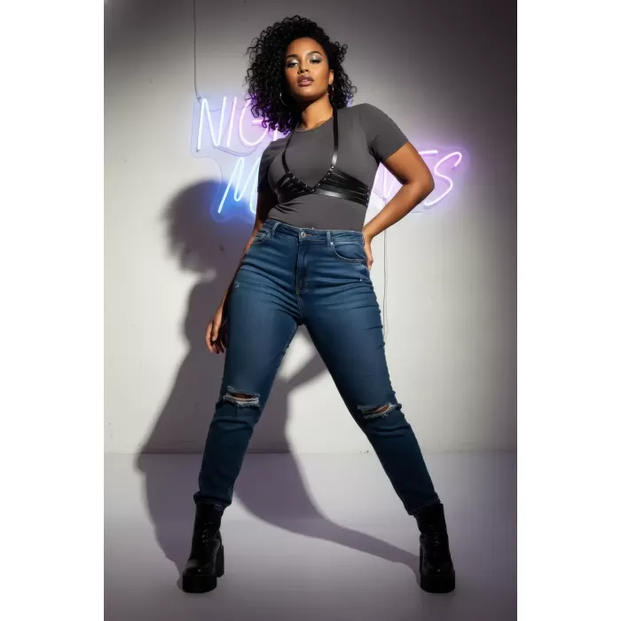 Büyük Beden Siyah Kadın Kemer Harness Stili Korse Görünümlü Deri Vücut Aksesuarı - APFT199