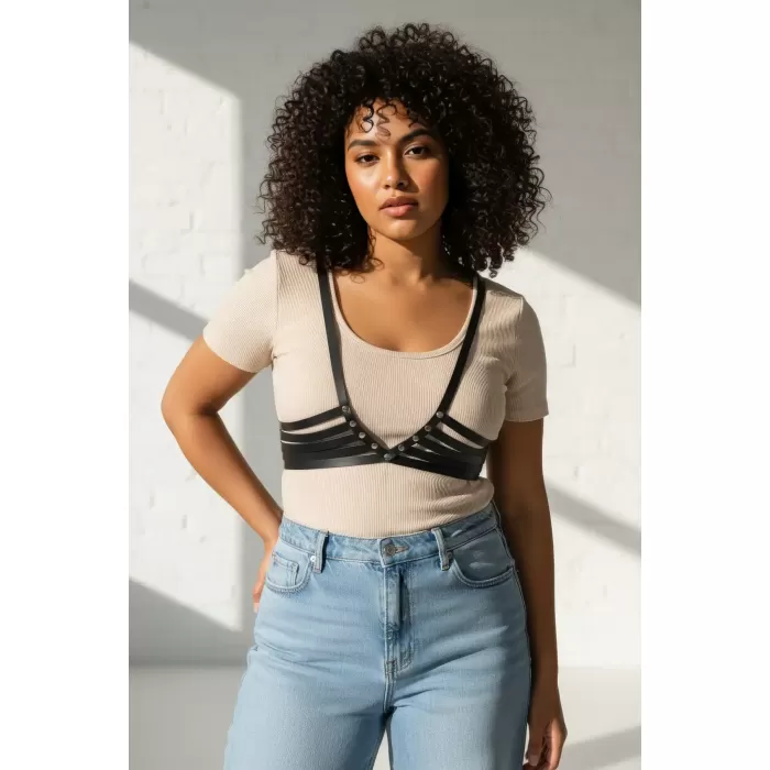 Büyük Beden Siyah Kadın Kemer Harness Stili Korse Görünümlü Deri Vücut Aksesuarı - APFT199