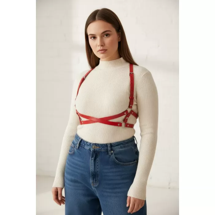 Büyük Beden Kırmızı Kadın Kemer Vücudu Saran O Halka Detaylı Deri Aksesuar. - APFT204