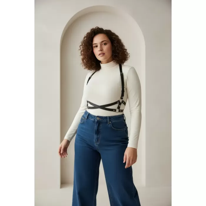 Büyük Beden Siyah Kadın Kemer Deri Harness Vücut Aksesuarı Çapraz Detaylı - APFT204