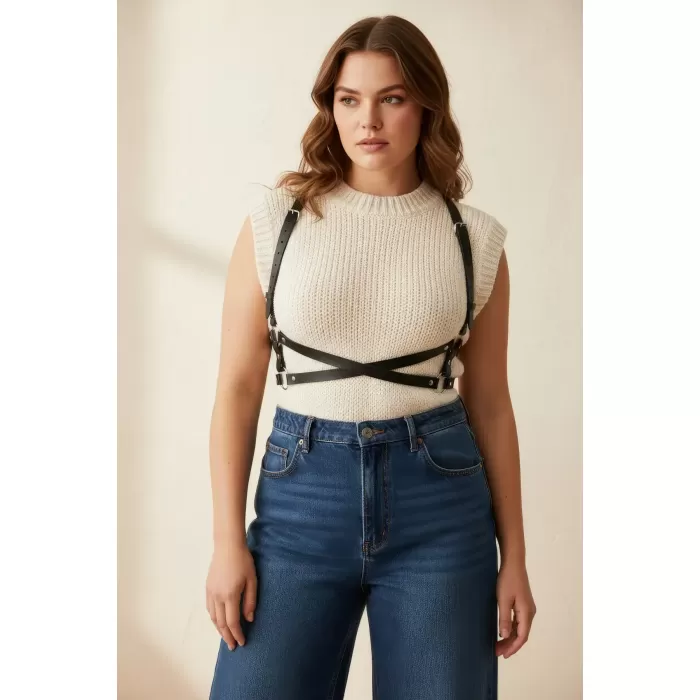 Büyük Beden Siyah Kadın Kemer Deri Harness Vücut Aksesuarı Çapraz Detaylı - APFT204