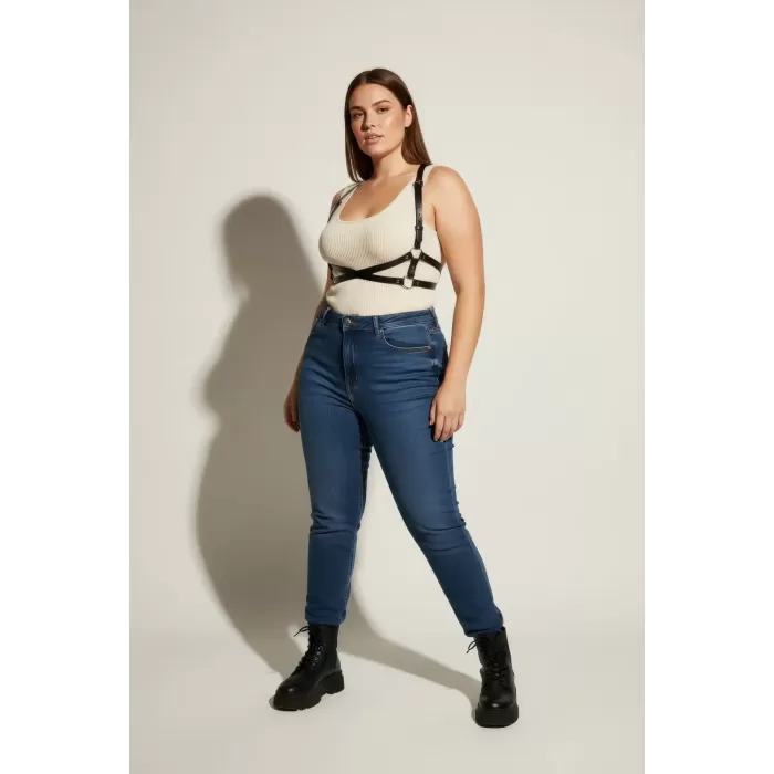 Büyük Beden Siyah Kadın Kemer Deri Harness Vücut Aksesuarı Çapraz Detaylı - APFT204