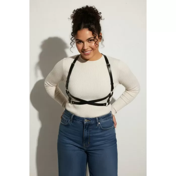 Büyük Beden Siyah Kadın Kemer Deri Harness Vücut Aksesuarı Çapraz Detaylı - APFT204