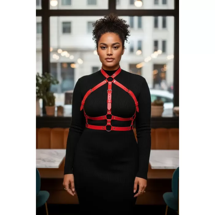Büyük Beden Kırmızı Kadın Kemer Ayarlanabilir Deri Harness Vücut Aksesuarı - APFT218