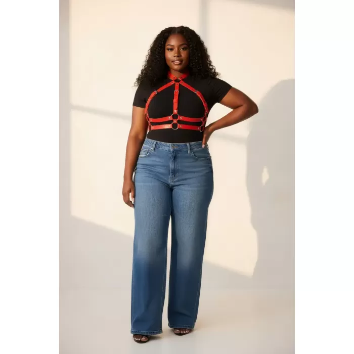 Büyük Beden Kırmızı Kadın Kemer Ayarlanabilir Deri Harness Vücut Aksesuarı - APFT218