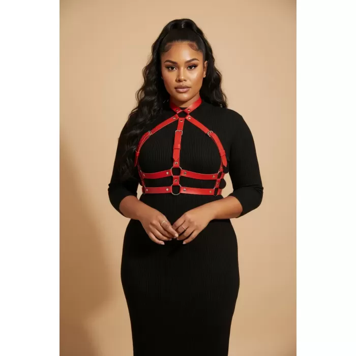 Büyük Beden Kırmızı Kadın Kemer Ayarlanabilir Deri Harness Vücut Aksesuarı - APFT218