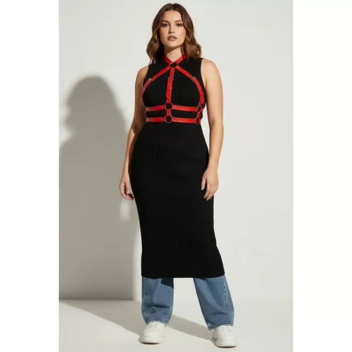 Büyük Beden Kırmızı Kadın Kemer Ayarlanabilir Deri Harness Vücut Aksesuarı - APFT218