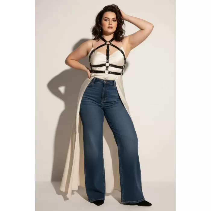 Büyük Beden Siyah Kadın Kemer Ayarlanabilir Deri Harness Vücut Aksesuarı - APFT218