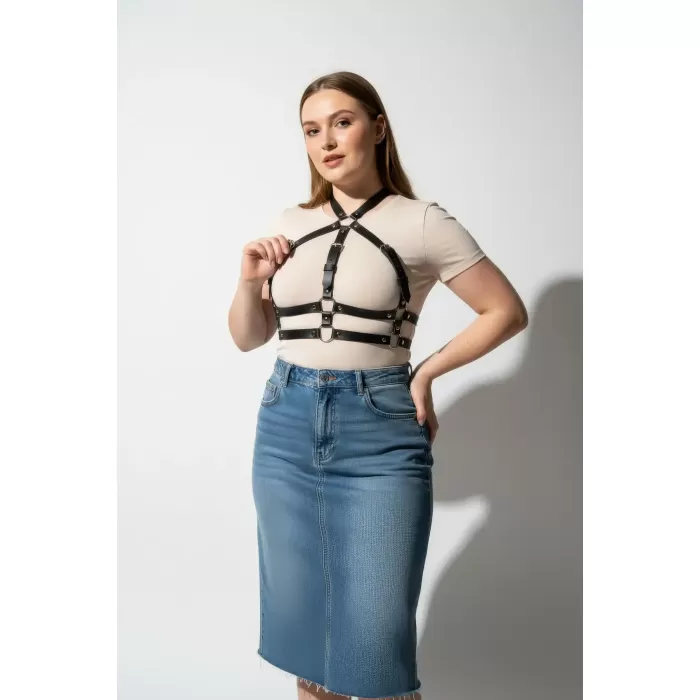 Büyük Beden Siyah Kadın Kemer Ayarlanabilir Deri Harness Vücut Aksesuarı - APFT218