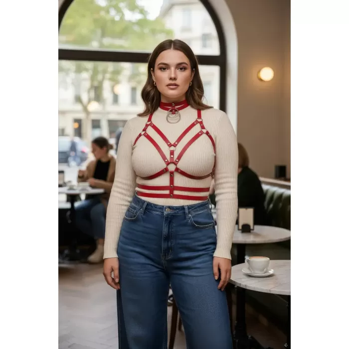 Büyük Beden Kırmızı Kadın Deri Harness Kemer, Elbise Üstü Kombin Tamamlayıcı - APFT296