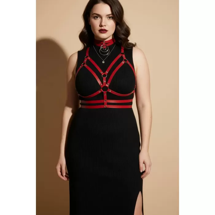 Büyük Beden Kırmızı Kadın Deri Harness Kemer, Elbise Üstü Kombin Tamamlayıcı - APFT296