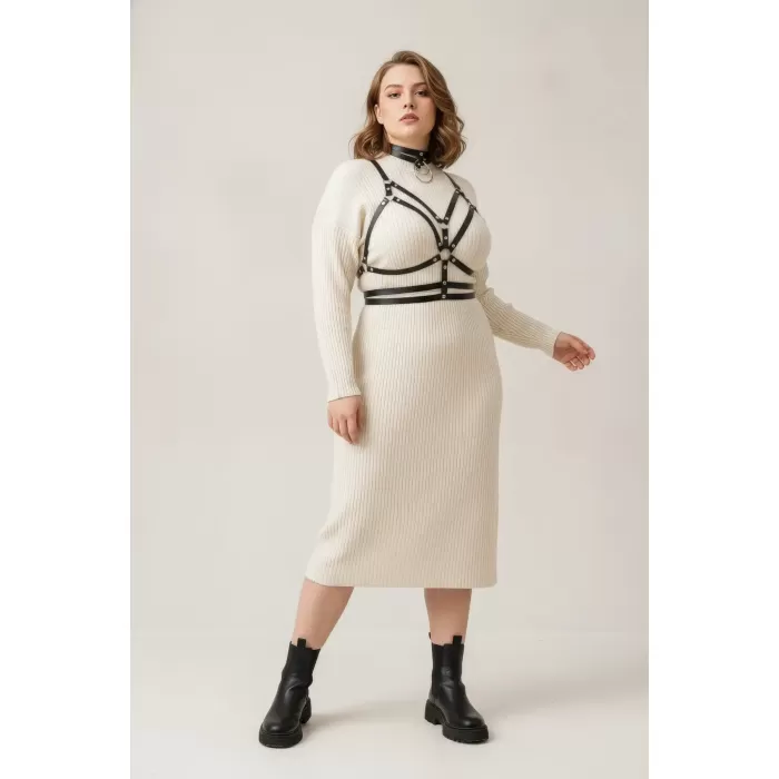 Büyük Beden Siyah Kadın Kemer Halka Detaylı Deri Harness - APFT296