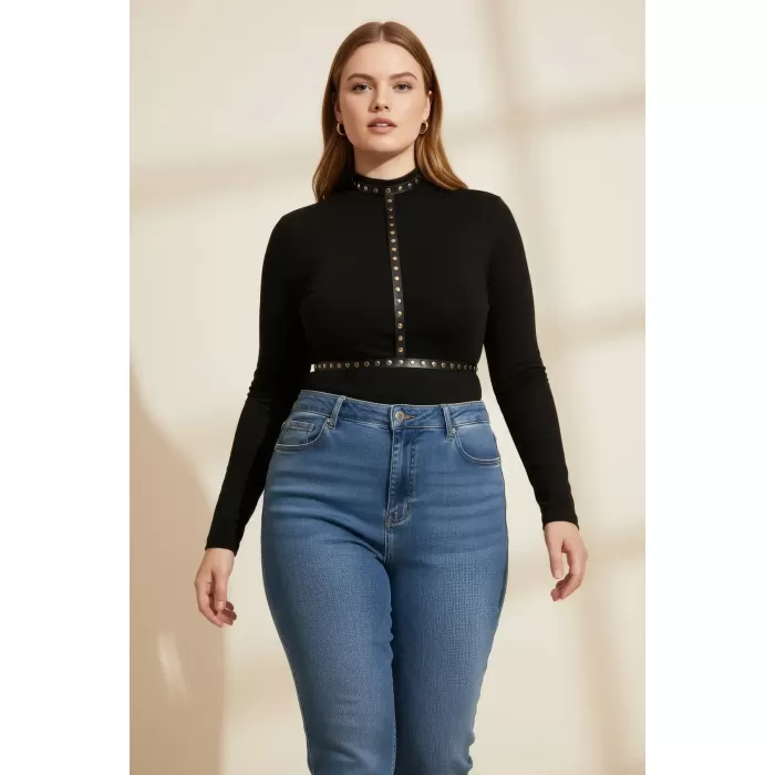 Büyük Beden Siyah Kadın Kemer Zımbalı Deri Harness Vücut Aksesuarı - APFT343