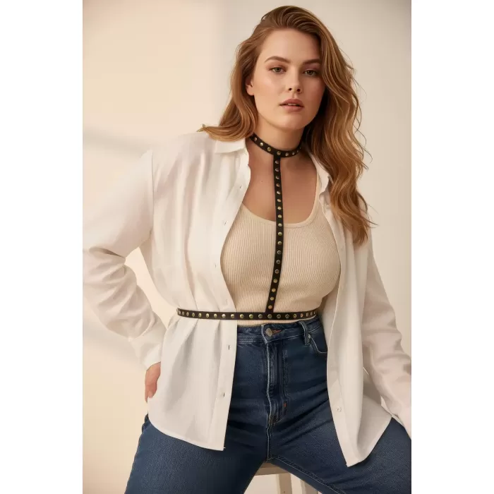 Büyük Beden Siyah Kadın Kemer Zımbalı Deri Harness Vücut Aksesuarı - APFT343