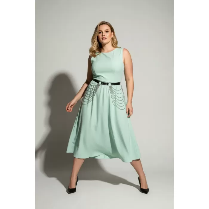 Büyük Beden Siyah Kadın Deri Kemer Zincir Detaylı Elbise Üstü - APFT391