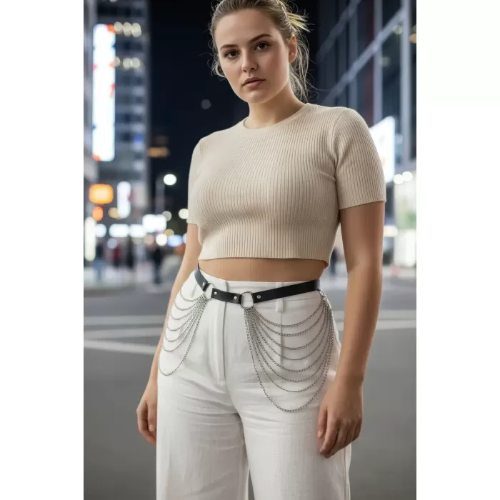 Büyük Beden Siyah Kadın Deri Kemer Zincir Detaylı Elbise Üstü - APFT391