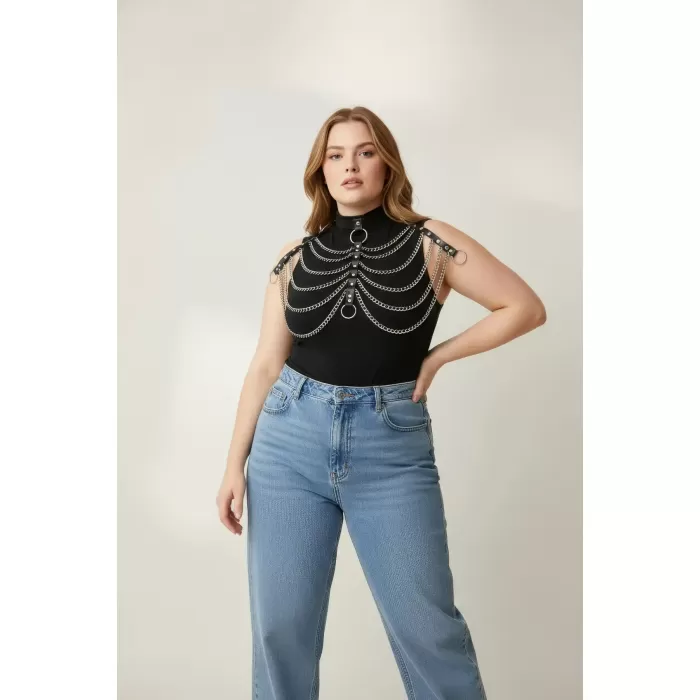 Büyük Beden Siyah Kadın Kemer Zincir Detaylı Deri Harness Vücut Aksesuarı - APFT401