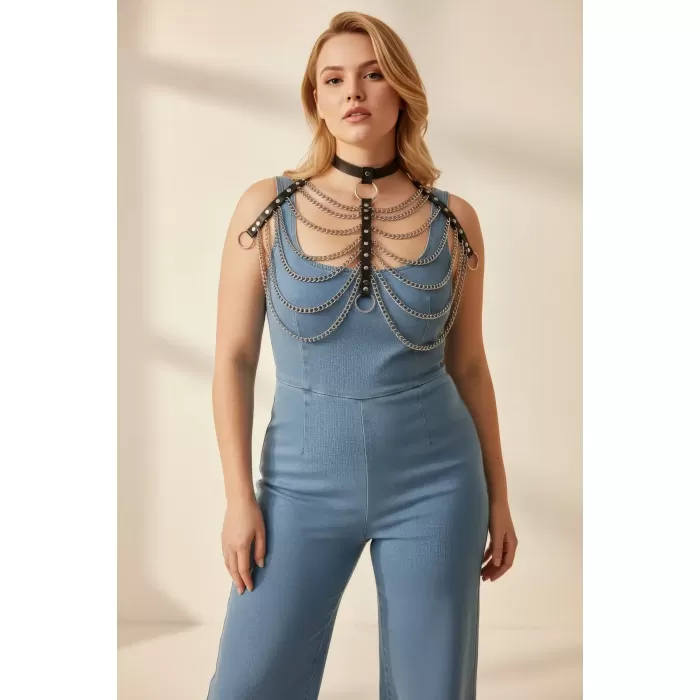 Büyük Beden Siyah Kadın Kemer Zincir Detaylı Deri Harness Vücut Aksesuarı - APFT401